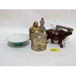 A collection of eastern filigree white metal objects, brass Buddha, white metal pot etc.
