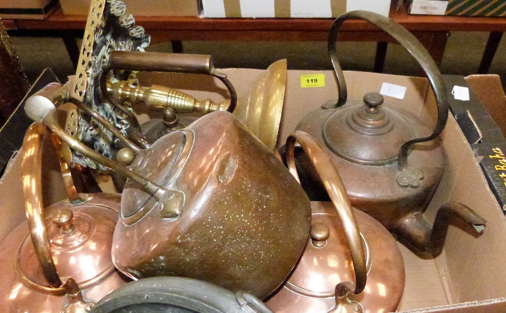 Five 19th century coper kettle with a brass fireside stand