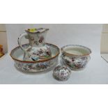 A Mason's Ironstone chinoiserie decorated washstand set comprising jug, bowl, chamber pot and soap