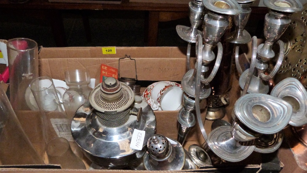 A pair of plated three light candelabra, oil lamp with accessories, china etc.