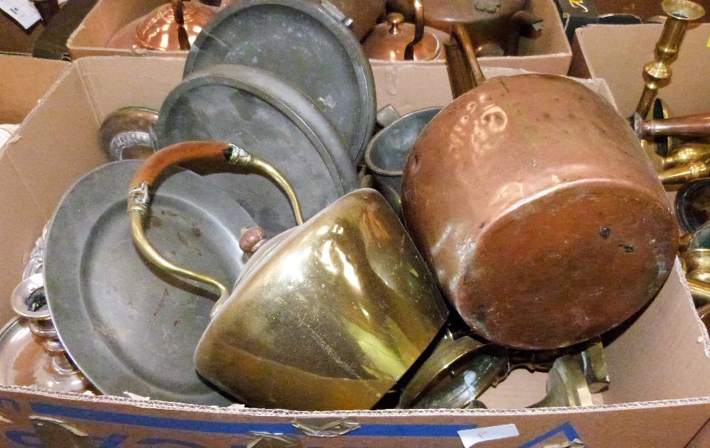 A collection of 19th century brass, copper and plate