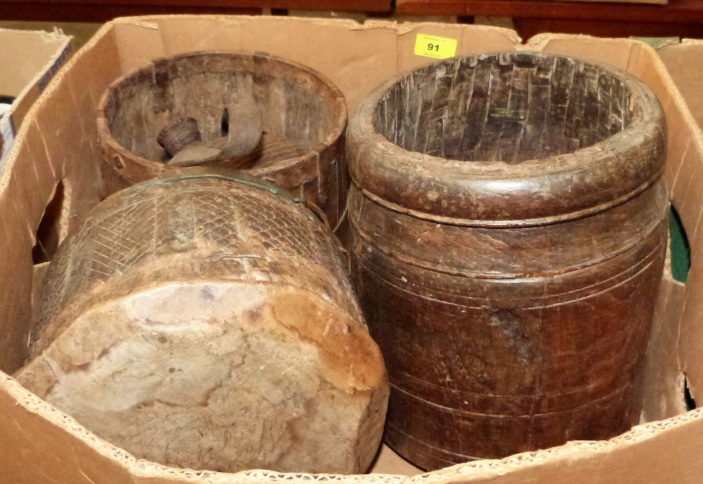 Indian treen barrels and a woven cane pot with cover