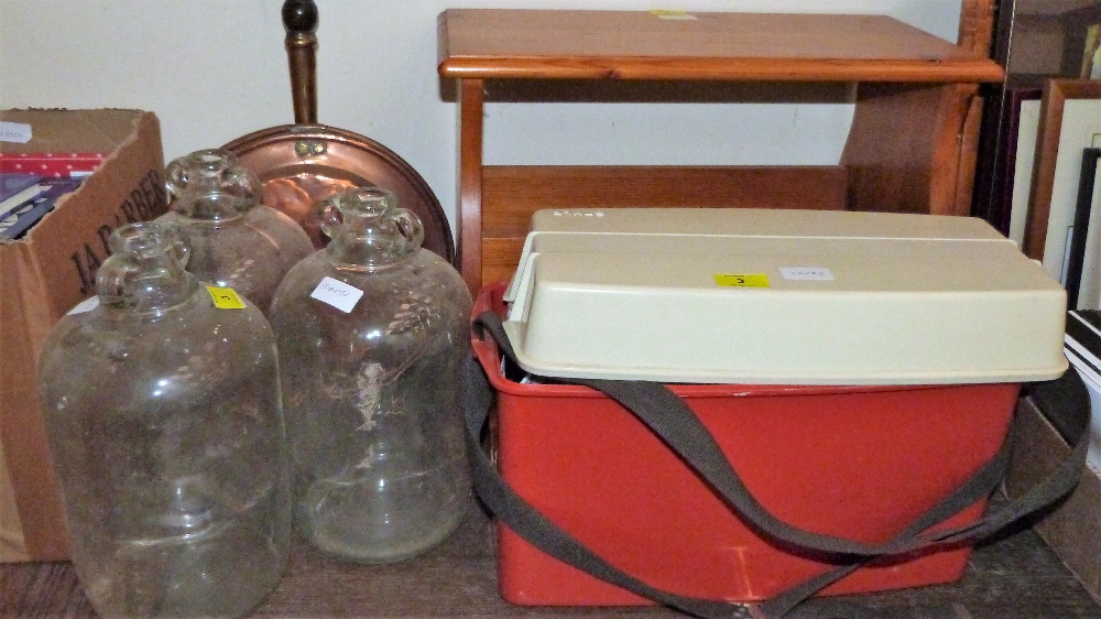 A log stand, warming pan, three demi-johns, picnic set and a pine magazine rack