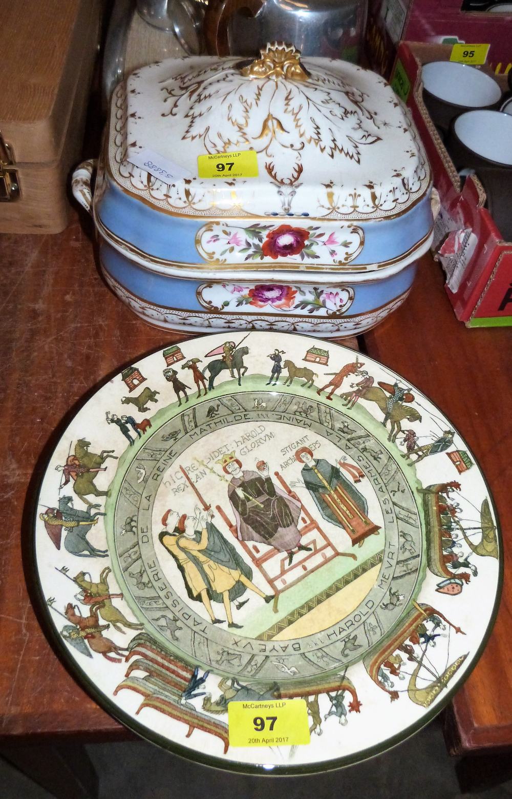 A Chamberlain's Worcester tureen and cover (A.F) and three Royal Doulton Bayeux Tapestry plates