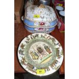 A Chamberlain's Worcester tureen and cover (A.F) and three Royal Doulton Bayeux Tapestry plates
