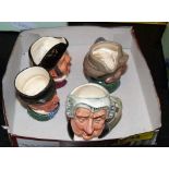 Four small Royal Doulton character jugs - Lawyer, Mine Host, Poacher and Mr Macawber