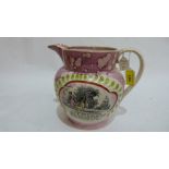 A 19th century Sunderland pink lustre pearlware jug, decorated in reserves with the Cast Iron Bridge