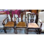 A pair of Queen Anne style elbow chairs and a George III mahogany dining chair