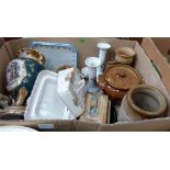 Four boxes of decorative ceramics and a washstand jug and bowl