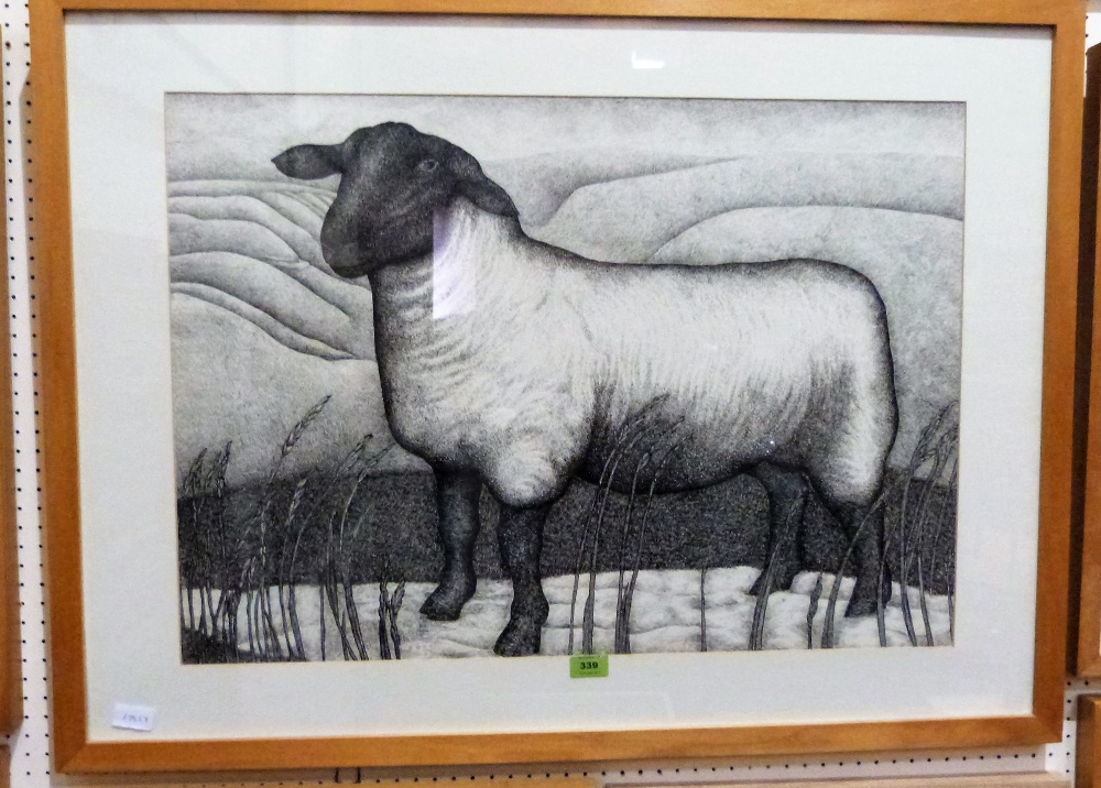 SEREN BELL. Bn 1950 Sheep in a landscape. Pen and ink. 21½'' x 30½''