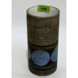 A Troika St Ives art pottery cylindrical vase decorated with a band of blue roundals on a textured