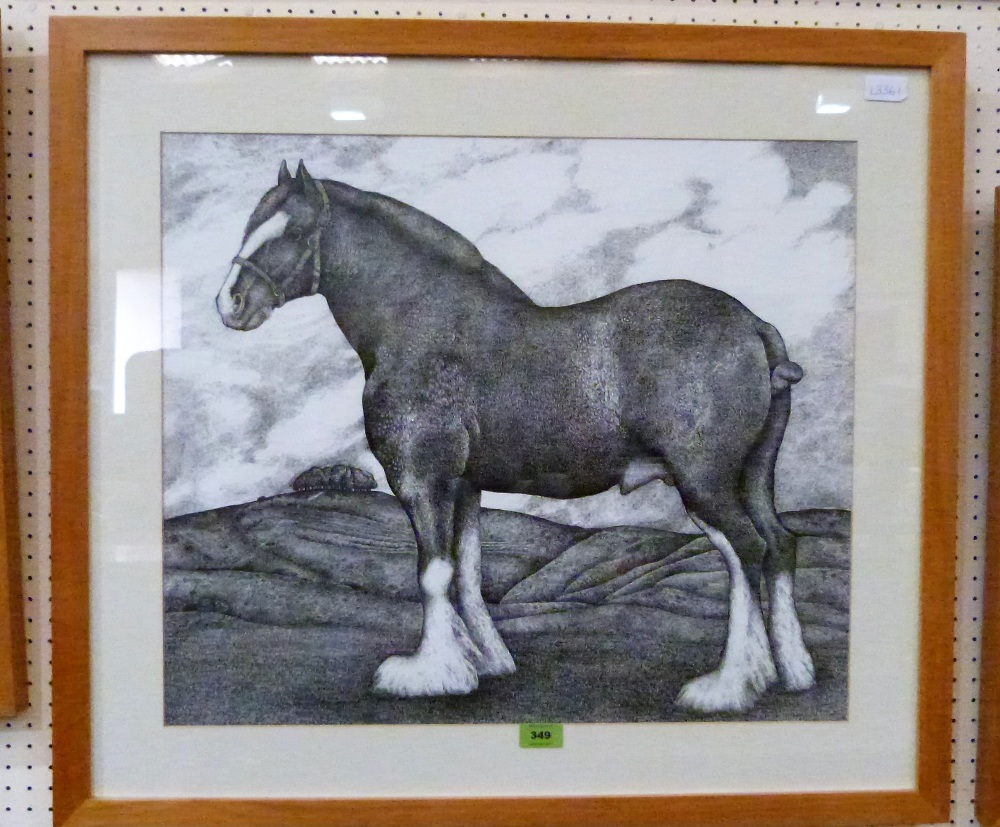 SEREN BELL. Bn 1950 Shire horse in a landscape. Pen and ink. 20½'' x 24''