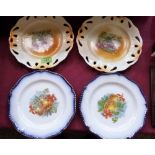 A pair of Victorian ribbon plates and a pair of fruit decorated plates