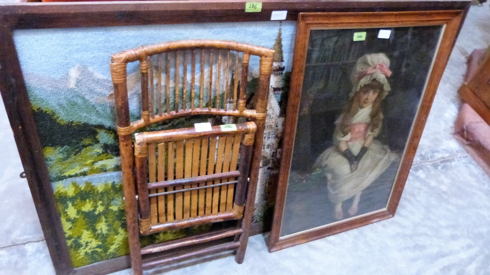 A Pears print, a folding cane chair and a framed carpet picture