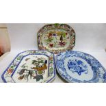 Two Masons polychrome meat plates and another in blue and white