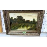 ENGLISH SCHOOL 19th CENTURY: River scene with bridge. Probably Ludlow. Signed monogram. Oil on