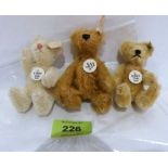 Steiff miniature teddy bears. Set of 3: dark tan mohair club year 2002, white with pink nose club
