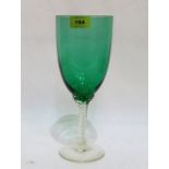 A green glass goblet with twisted moulded clear stem and conical foot. 11½'' high