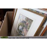 Two cottage garden watercolours, a needlework and two woolwork tapestry pictures