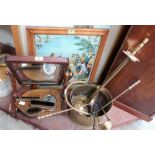 A mahogany dressing table mirror, brush set, brassware and two framed prints