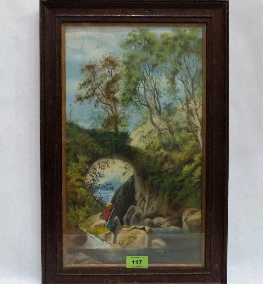 NAÏVE SCHOOL: River scene with angler and bridge. Pastel 16'' x 9½''