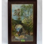 NAÏVE SCHOOL: River scene with angler and bridge. Pastel 16'' x 9½''