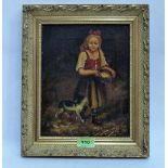 NAÏVE SCHOOL 19th CENTURY Barn interior with young girl and cat. Signed Schubert. Oil on canvas 10''