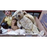 A gold plush teddy bear and other teddy bears and dolls