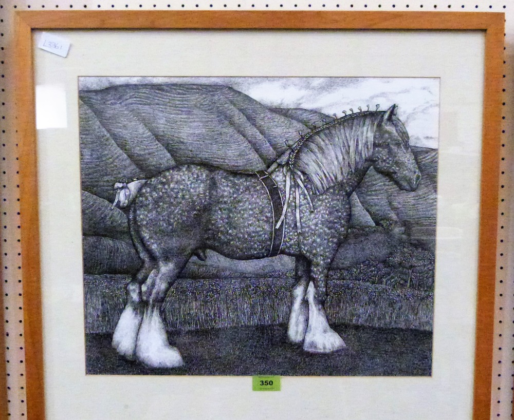 SEREN BELL. Bn 1950 Horse in a landscape. Pen and ink. 16'' x 18''