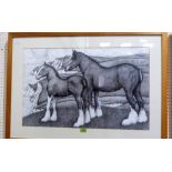 SEREN BELL. Bn 1950 Shire horse and foal in a coastal landscape. Pen and ink. 19'' x 30''
