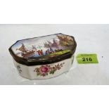 A 19th century continental enamel table snuffbox, the lid painted with a Dutch river scene, the