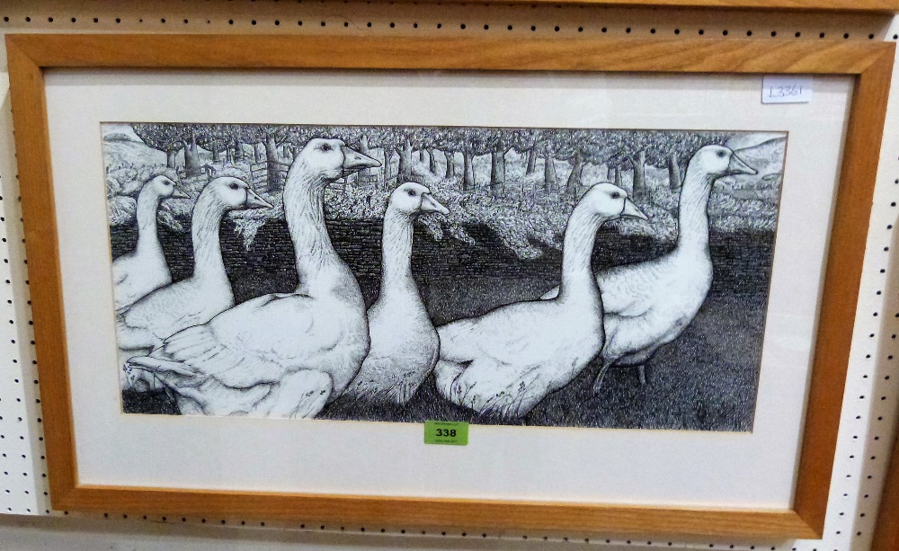 SEREN BELL. Bn 1950 Study of six geese by a dry stone wall. Pen and ink. 10'' x 22''