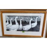 SEREN BELL. Bn 1950 Study of six geese by a dry stone wall. Pen and ink. 10'' x 22''