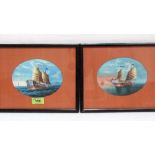 CHINESE SCHOOL: 19th CENTURY: Chinese junks at sea. A pair. Watercolour. 5'' x 6¼'' oval