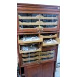 A shop cabinet, the three glazed up and over doors enclosing an extensive collection of geological