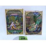 MOGHUL SCHOOL. 19th CENTURY: A pair of watercolours depicting lovers in a garden. 4¾'' x 3''