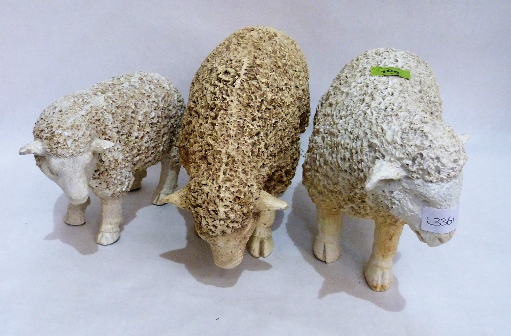 Three graduated models of sheep, the largest 9'' high