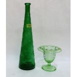 A conical green glass bottle vase 16½'' high and a pressed green glass vase