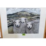 SEREN BELL. Bn 1950 Three sheep in a Radnorshire landscape. Pen, ink and other media. 12'' x 15''