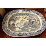 A blue and white willow pattern meat plate