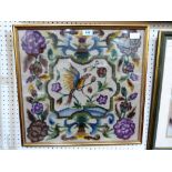 A woolwork tapestry and an embroidery. Both framed