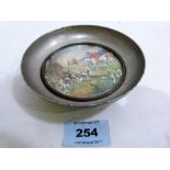 A white metal dish with glazed watercolour and gouache hunting scene signed George Wright. 4¾''