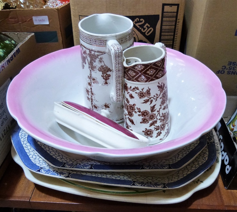 A box of blue and white ceramics, wash bowl, jugs etc.