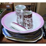 A box of blue and white ceramics, wash bowl, jugs etc.