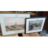 A 19th century watercolour drawing of Calais and a signed engraving of the Rialto Bridge, Venice