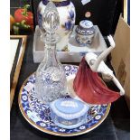 A decanter, Wedgwood jasperware and other ceramics
