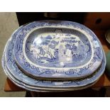 Five blue and white transfer decorated meat plates