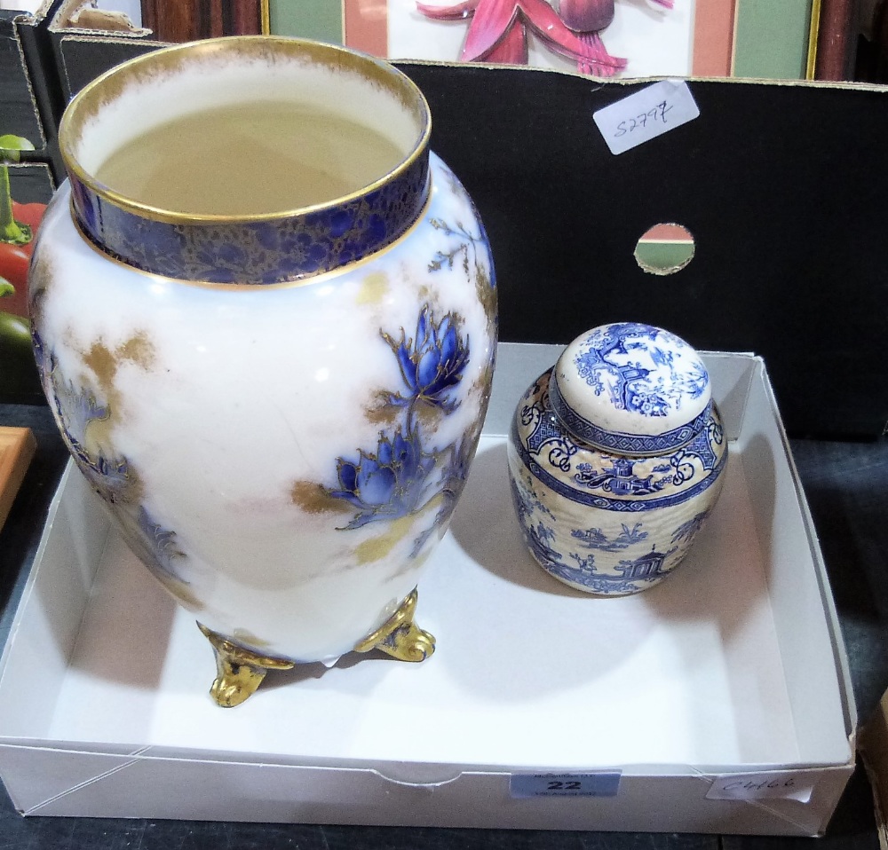 A Carlton Ware vase (hair crack) and a blue and white jar with cover