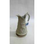 A Victorian salt glazed jug with classical relief decoration in the style of Charles Meigh. 8''