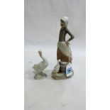 Lladro: Figure of a milkmaid with goose 9¼'' high; together with a figure of a goose 4½'' high